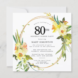 Rustic Boho Daffodil 80th Birthday Dinner Party Invitation