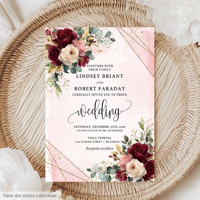 Rustic Boho Dark Red Gold Blush Roses Wedding  Invitation (Rustic Boho Dark Red Gold Blush Roses Wedding Invitation)