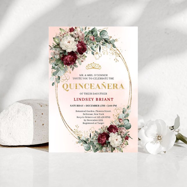 Rustic Boho Deep Red Floral Gold Quinceañera Invit Invitation (Rustic Boho Deep Red Floral Gold Quinceañera Invitation)