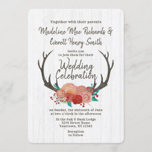 Rustic Boho Deer Antler Floral Wedding Invitation