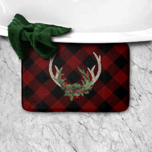 Rustic Boho Deer Antlers Christmas Plaid Floral Bath Mat