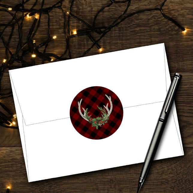 Rustic Boho Deer Antlers | Christmas Plaid Floral Classic Round Sticker (Creator Uploaded)