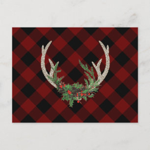 Rustic Boho Deer Antlers   Christmas Plaid Floral Holiday Postcard