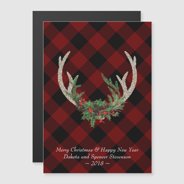Rustic Boho Deer Antlers | Christmas Plaid Floral Magnetic Invitation (Front/Back)