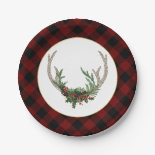 Rustic Boho Deer Antlers   Christmas Plaid Floral Paper Plate