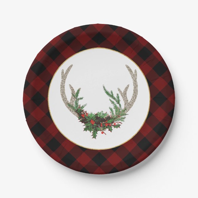 Rustic Boho Deer Antlers | Christmas Plaid Floral Paper Plate (Front)