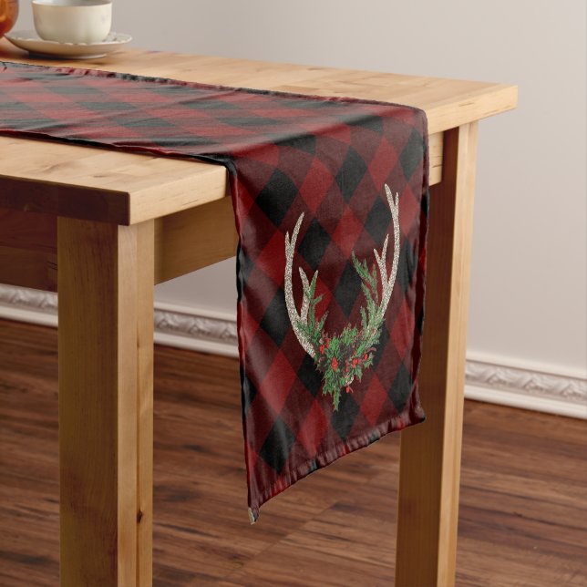 Rustic Boho Deer Antlers | Christmas Plaid Floral Short Table Runner (In Situ)