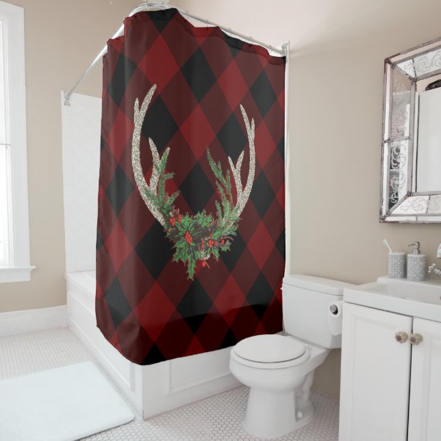 Rustic Boho Deer Antlers | Christmas Plaid Floral Shower Curtain (In Situ)