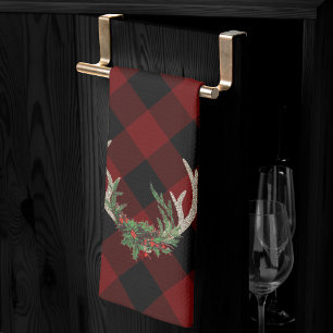Rustic Boho Deer Antlers Christmas Plaid Floral Tea Towel
