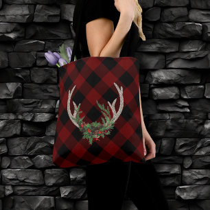 Rustic Boho Deer Antlers Christmas Plaid Floral Tote Bag
