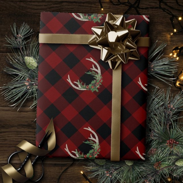 Rustic Boho Deer Antlers | Christmas Plaid Floral Wrapping Paper (Creator Uploaded)