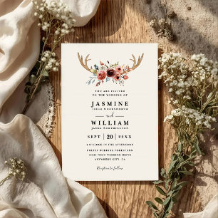 Rustic Boho Deer Antlers Elegant QR Code Wedding Invitation