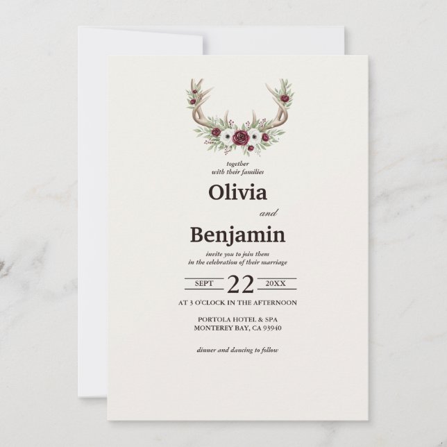 Rustic Boho Deer Antlers Wedding Invitation (Front)