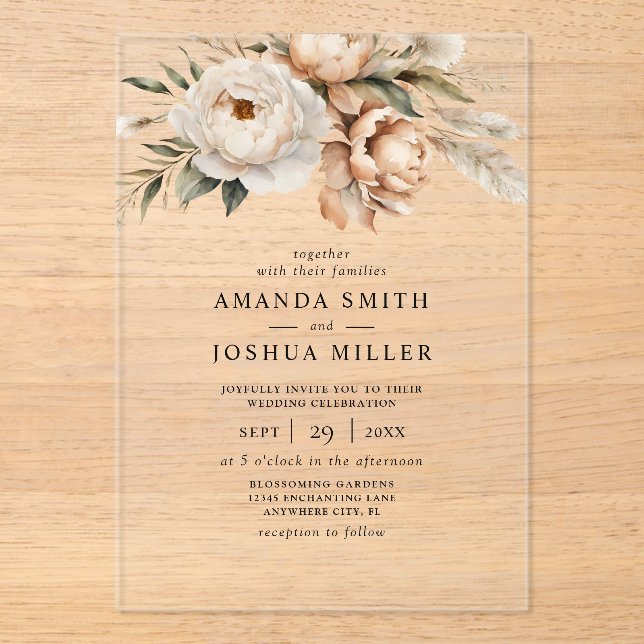 Rustic Boho Dried Florals & Pampas Grass Wedding Acrylic Invitations (Front)