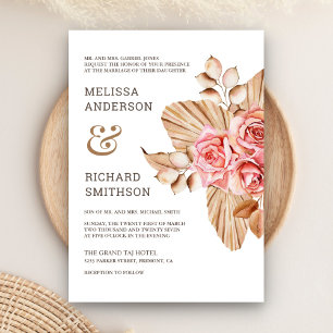 Rustic Boho Dried Palm Earthy Peach Rose Wedding Invitation