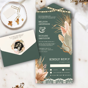 Rustic Boho Dried Palm Pampas Sage Green Wedding All In One Invitation
