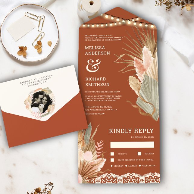 Rustic Boho Dried Palm Pampas Terracotta Wedding All In One Invitation (Creator Uploaded)
