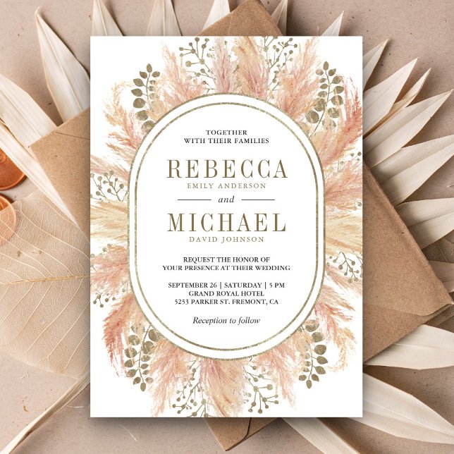 Rustic Boho Dried Pampas Grass Oval Frame Wedding Invitation (Creator Uploaded)