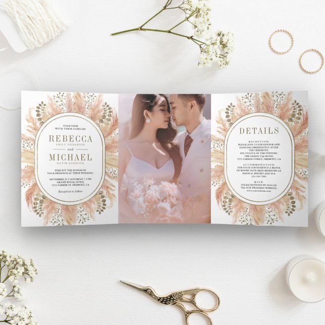 Rustic Boho Dried Pampas Grass Photo Wedding Tri-Fold Invitation (Creator Uploaded)