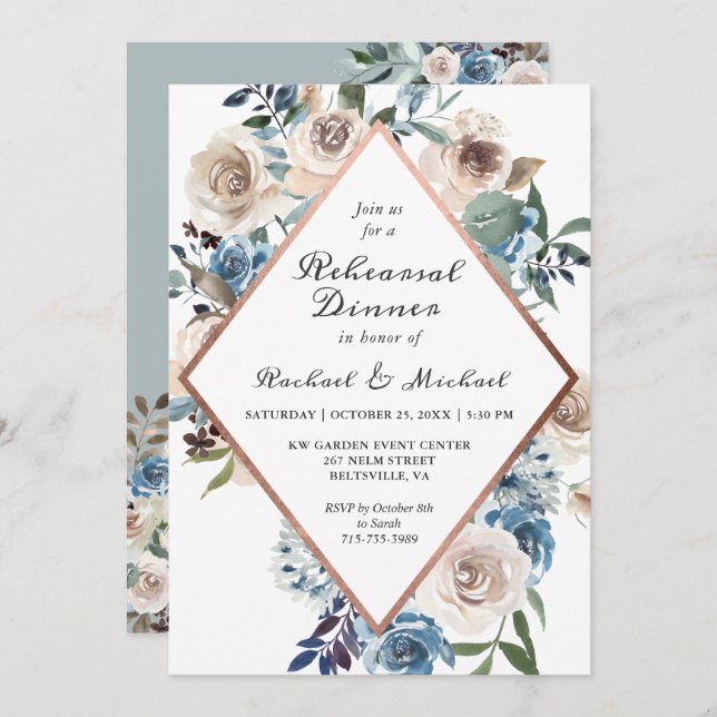 Rustic Boho Dusty Blue Floral Rehearsal Dinner Invitation (Front/Back)