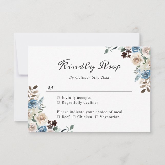 Rustic Boho Dusty Blue Floral Wedding RSVP Card (Front)