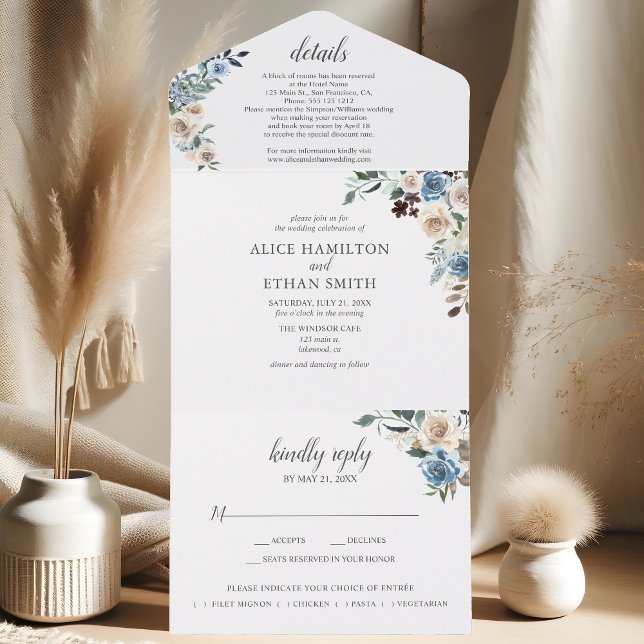 Rustic Boho Dusty Blue Flowers Script Wedding All In One Invitation (Creator Uploaded)