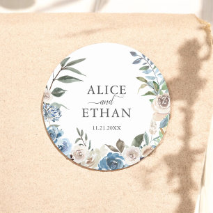 Rustic Boho Dusty Blue Flowers Wedding Classic Round Sticker