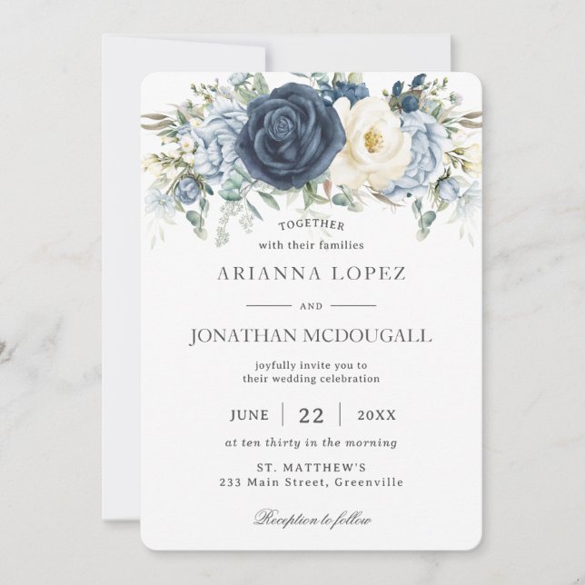 Rustic Boho Dusty Blue Ivory Floral Sage Wedding Invitation (Front)