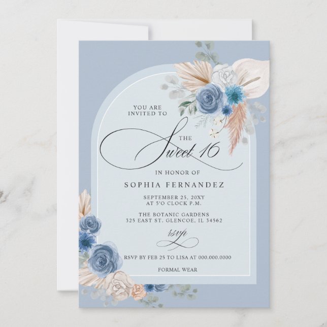Rustic Boho Dusty Blue Pampas Sweet 16 Invitation (Front)