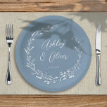 Rustic Boho Dusty Blue Wildflower Floral Wedding Paper Plate<br><div class="desc">This elegant wedding paper plate features a beautiful dusty blue background with hand-drawn wildflower wreath and elegant typography in white. It's a perfect design for a rustic yet elegant wedding and coordinates with our Rustic Wildflowers collection... See the collection for more items!</div>
