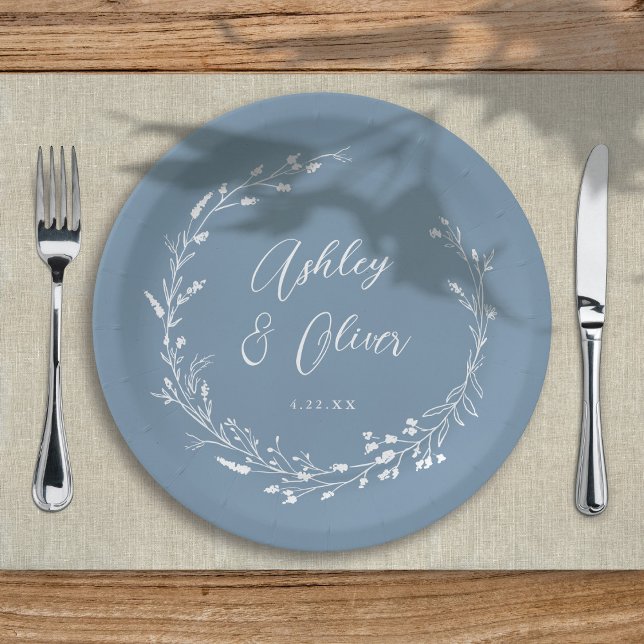 Rustic Boho Dusty Blue Wildflower Floral Wedding Paper Plate (Creator Uploaded)