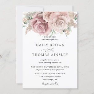 Rustic Boho Dusty Rose Blush Floral Pampas Wedding Invitation