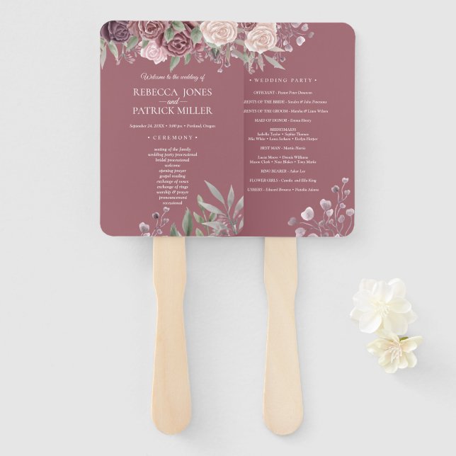 Rustic Boho Dusty Rose Pink Flowers Wedding Hand Fan (Front and Back)