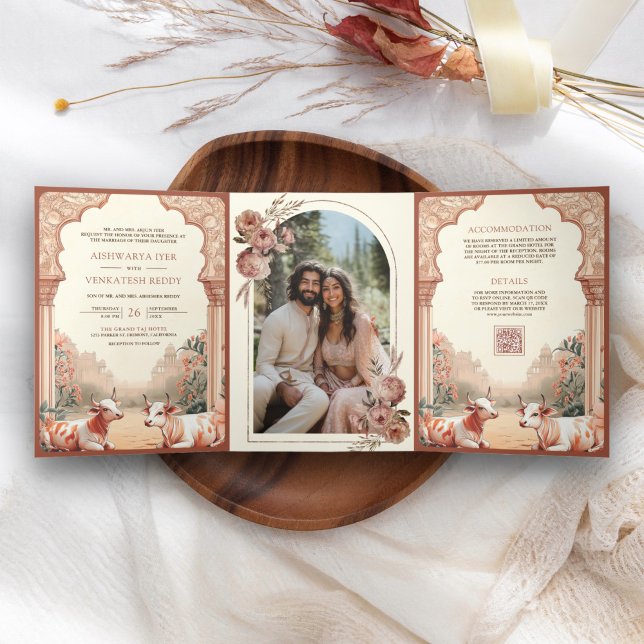 Rustic Boho Earthy Floral Indian Cow Wedding Tri-Fold Invitation (Creator Uploaded)