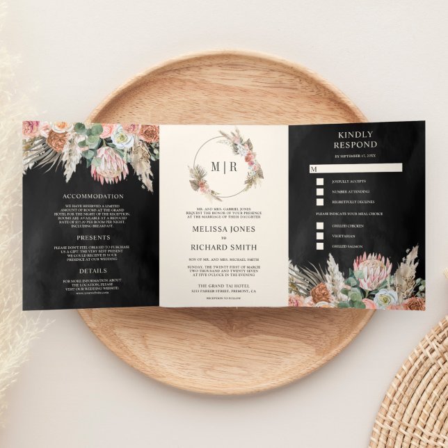 Rustic Boho Earthy Floral Pampas Black Wedding Tri-Fold Invitation (Creator Uploaded)