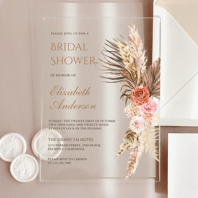 Rustic Boho Earthy Floral Pampas Bridal Shower Acrylic Invitations (Creator Uploaded)