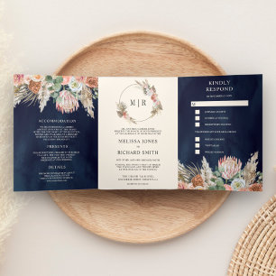 Rustic Boho Earthy Floral Pampas Navy Blue Wedding Tri-Fold Invitation