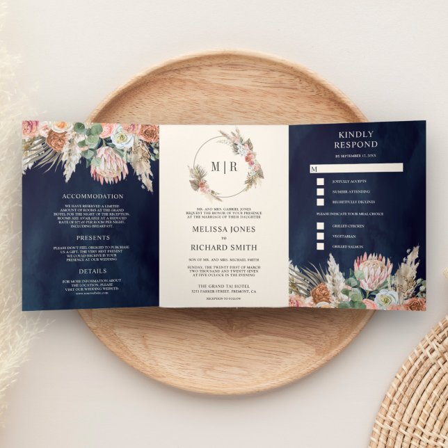 Rustic Boho Earthy Floral Pampas Navy Blue Wedding Tri-Fold Invitation (Creator Uploaded)