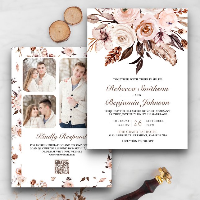 Rustic Boho Earthy Ivory Floral QR Code Wedding Invitation (Creator Uploaded)