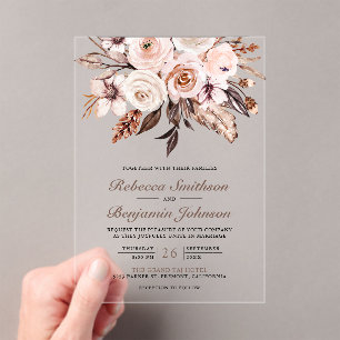 Rustic Boho Earthy Ivory Floral Wedding Acrylic Invitations