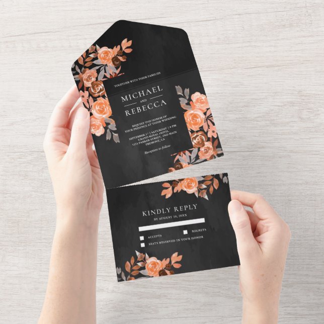 Rustic Boho Earthy Terracotta Floral Black Wedding All In One Invitation (Tearaway)