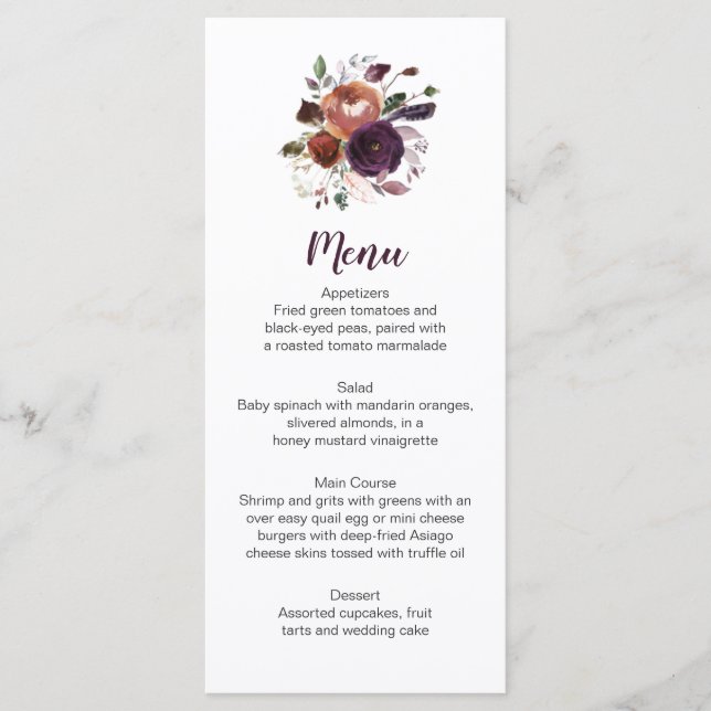 Rustic Boho Eggplant Purple Butter Rum Menu Cards (Front)