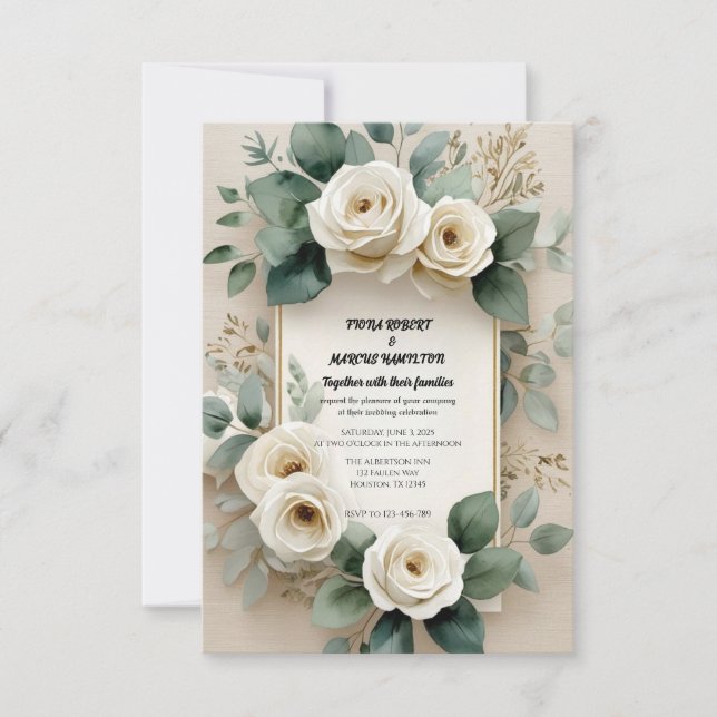 Rustic Boho Elegant White Roses & Beige Linen RSVP Card (Front)