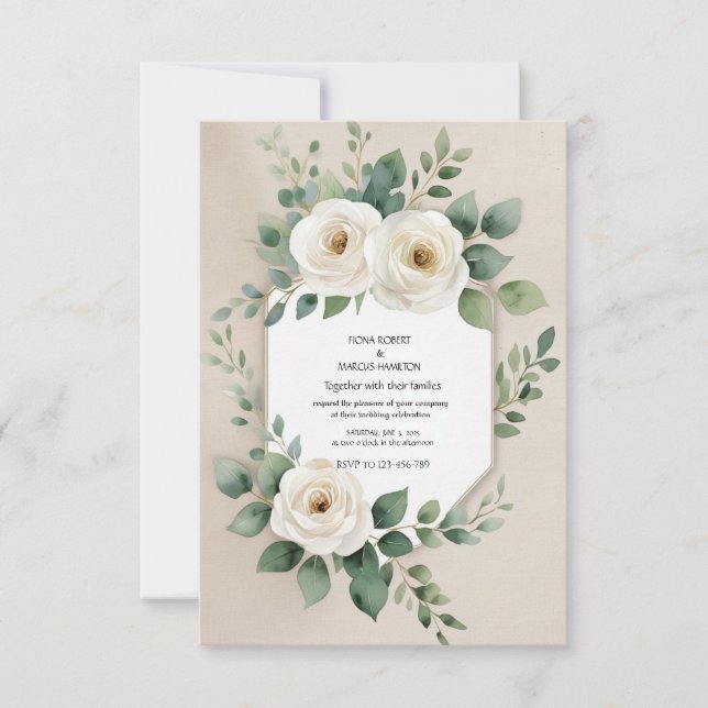 Rustic Boho  – Elegant White Roses & Beige Linen RSVP Card (Front)