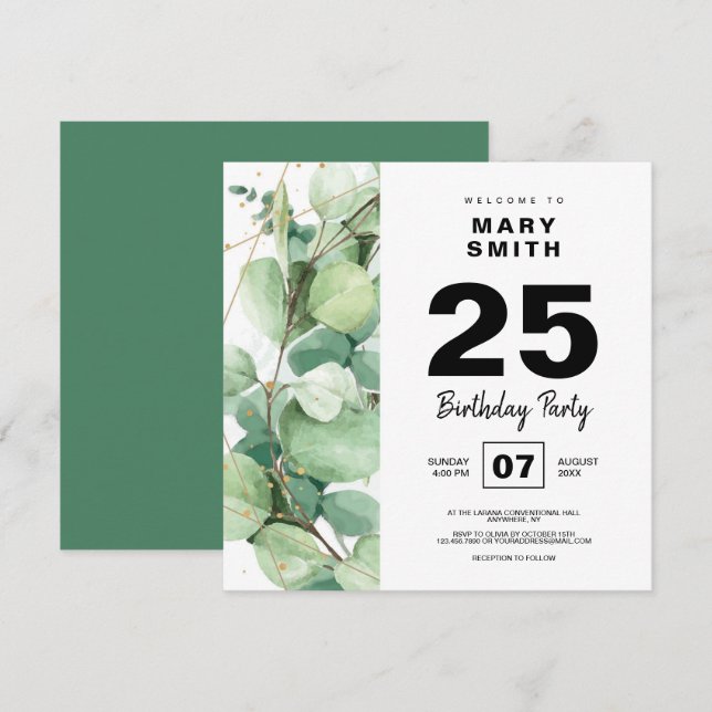 Rustic boho eucalyptus happy birthday party invitation (Front/Back)