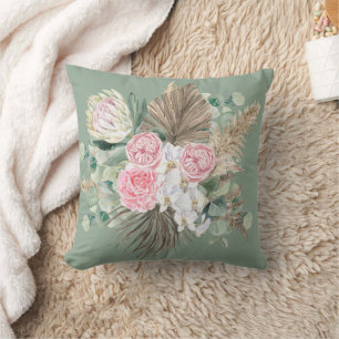 Rustic Boho Evergreen Pink Floral Pampas Greenery Cushion