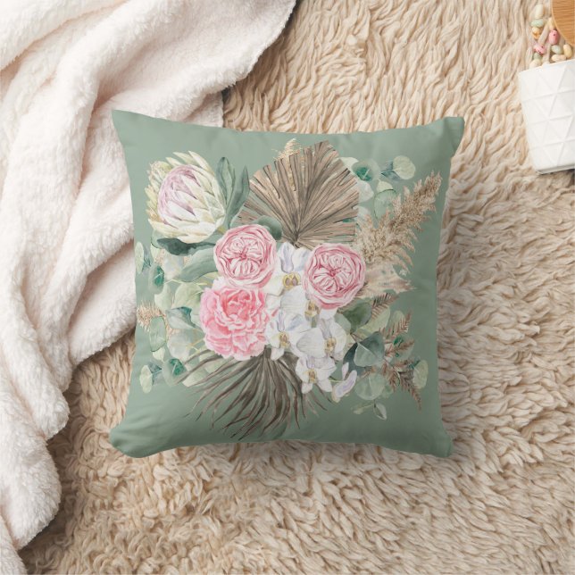 Rustic Boho Evergreen Pink Floral Pampas Greenery Cushion (Blanket)