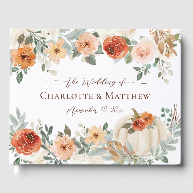 Rustic Boho Fall Autumn Pumpkin Floral Wedding Guest Book (Front)