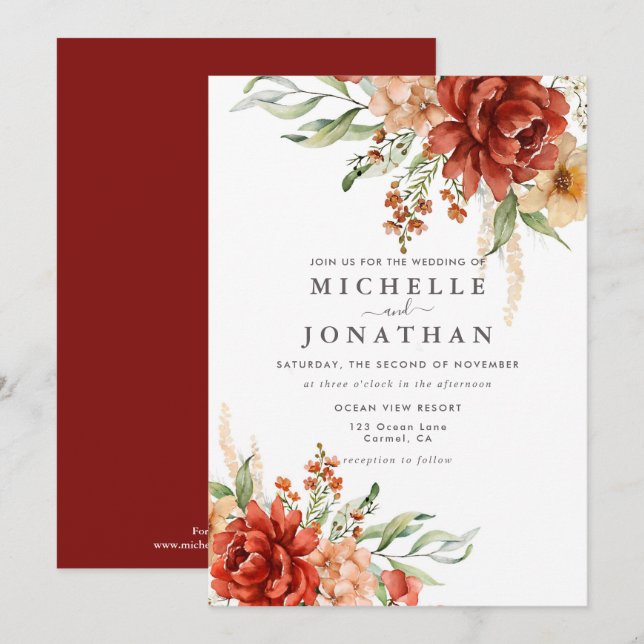 Rustic Boho Fall Flowers Wedding Invitation (Front/Back)