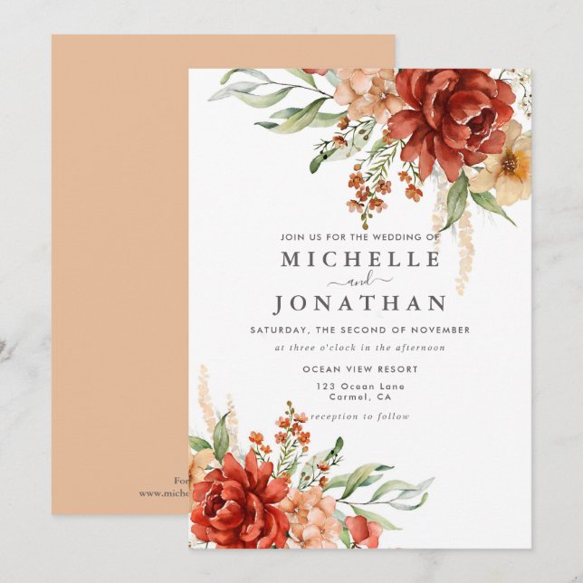 Rustic Boho Fall Flowers Wedding Invitation (Front/Back)